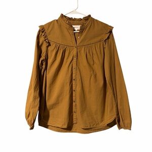 XIRENA Ruffle Neck Button Front Boho Blouse In Brown Size S